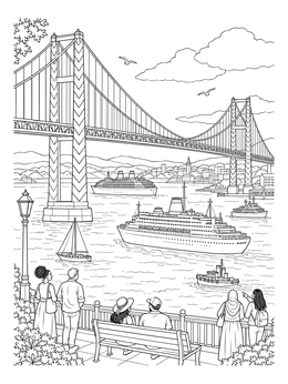 A detailed art deco coloring page with a grand suspension bridge and ships cruising across a scenic harbor.