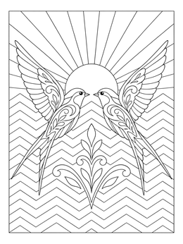 Symmetrical swallows soar in an art deco coloring page with chevron patterns and sunbeams.