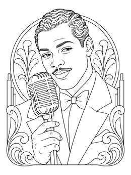 Classic male jazz vocalist portrait in this vintage art deco coloring page.