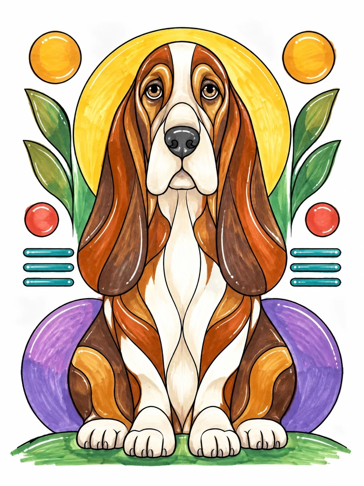Colored example of the Art Nouveau Basset Hound Portrait coloring page