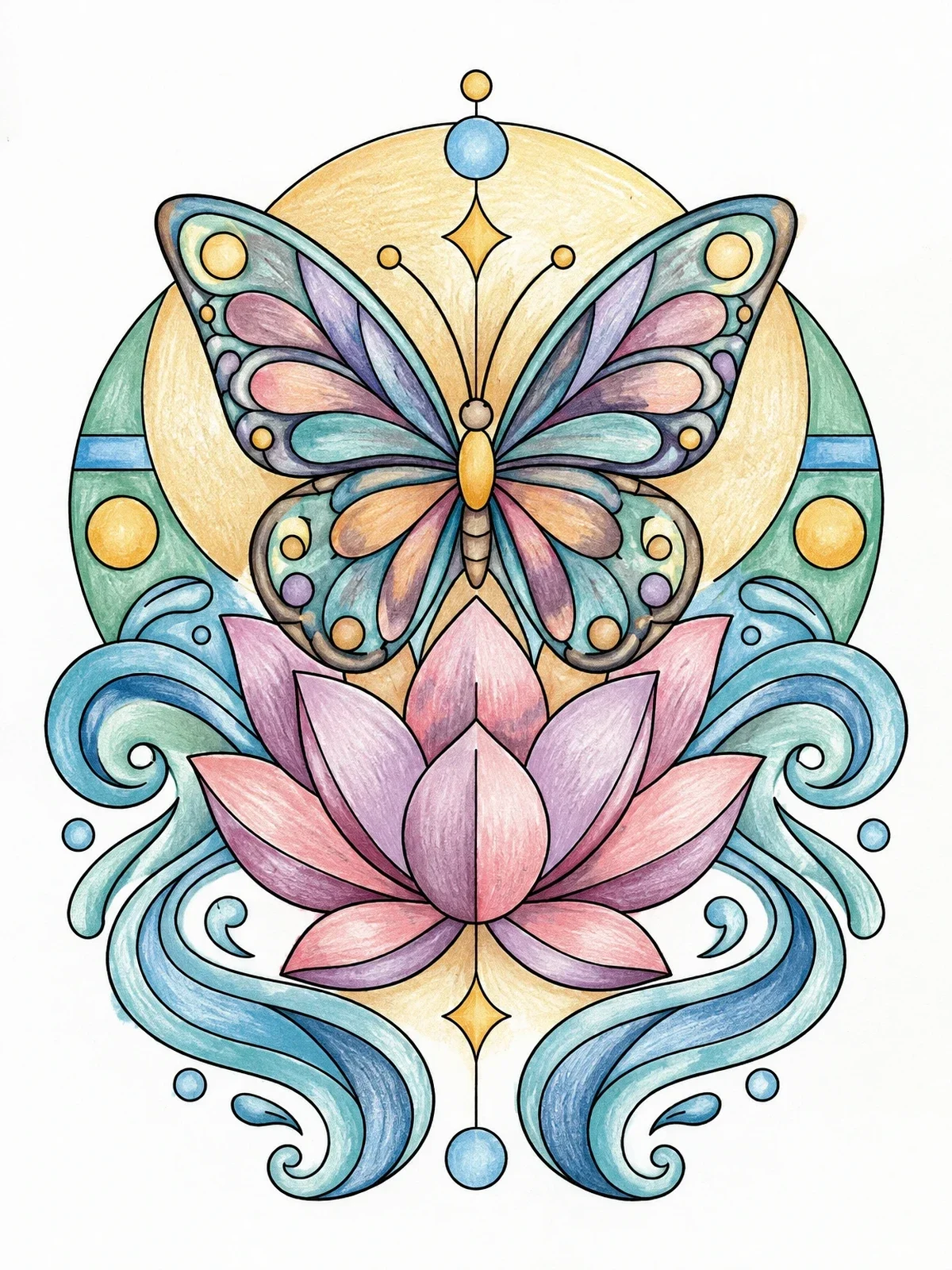 Colored example of the Art Nouveau Butterfly And Lotus coloring page