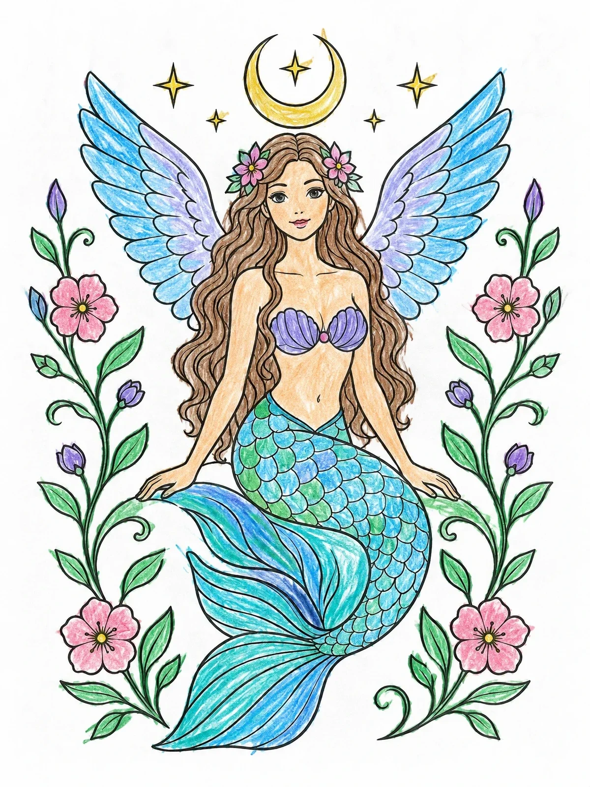 Colored example of the Celestial Winged Mermaid With Blossoms coloring page