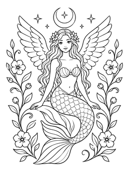 Free printable Celestial Winged Mermaid With Blossoms coloring page