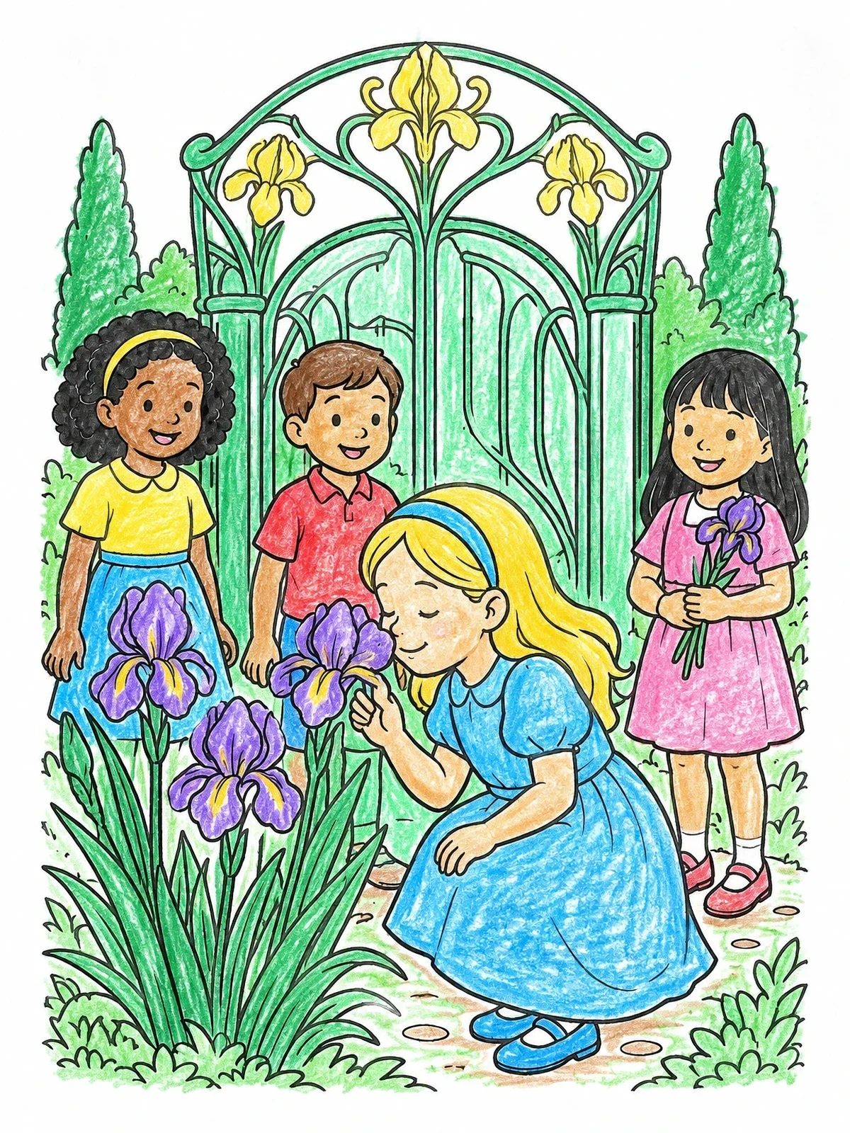Colored example of the Children In An Art Nouveau Garden coloring page