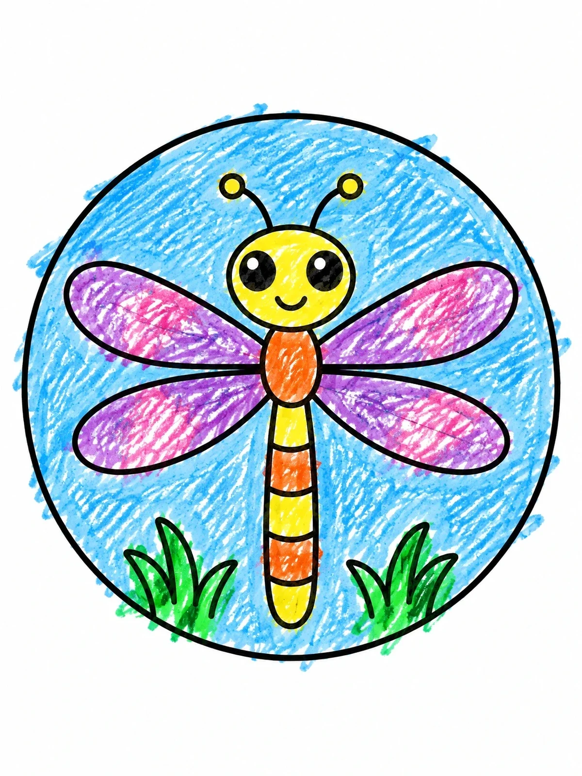 Colored example of the Cute Dragonfly In Circle Frame coloring page