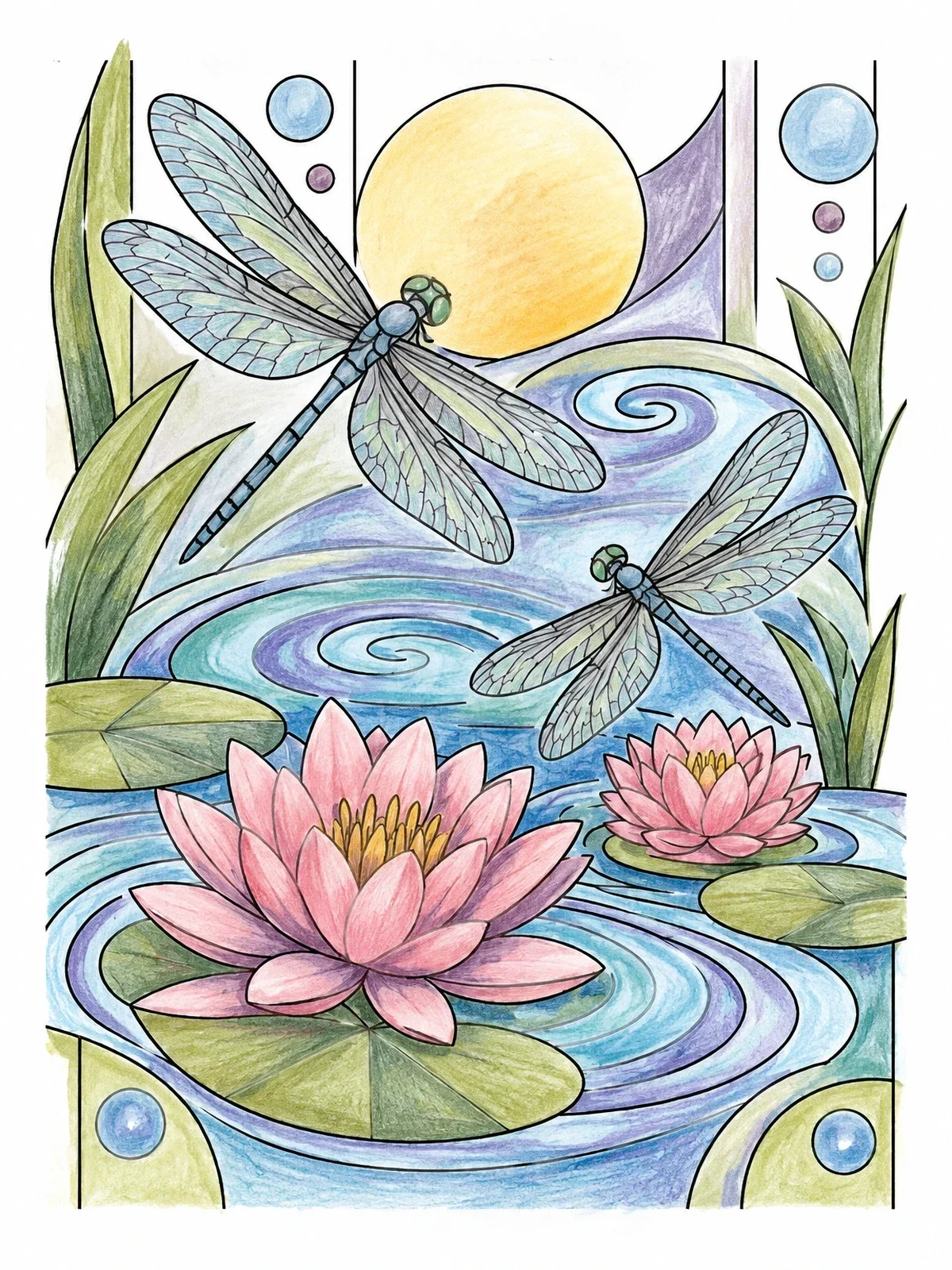 Colored example of the Art Nouveau Dragonflies And Water Lilies coloring page