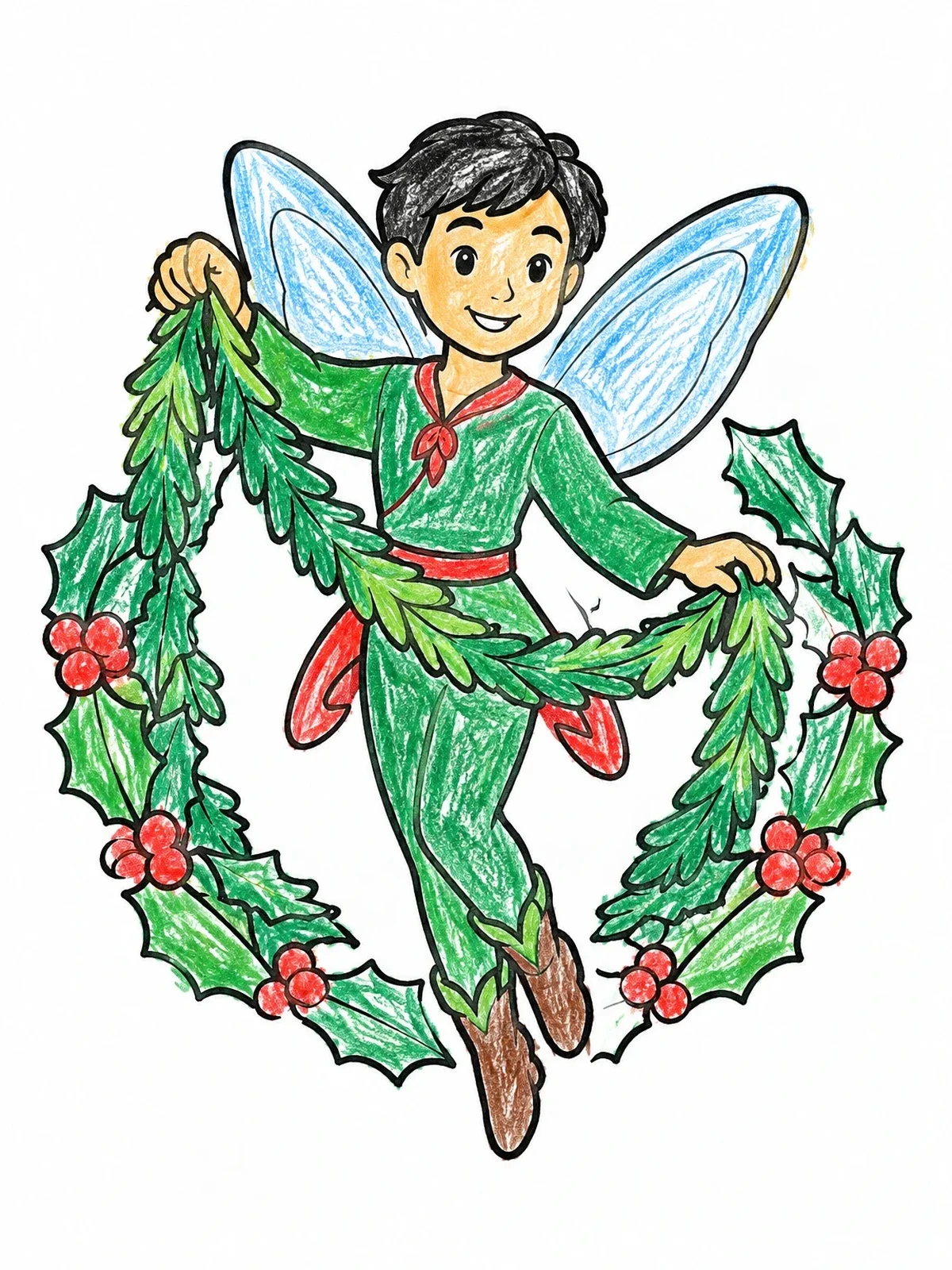 Colored example of the Cheerful Fairy With Winter Garland coloring page