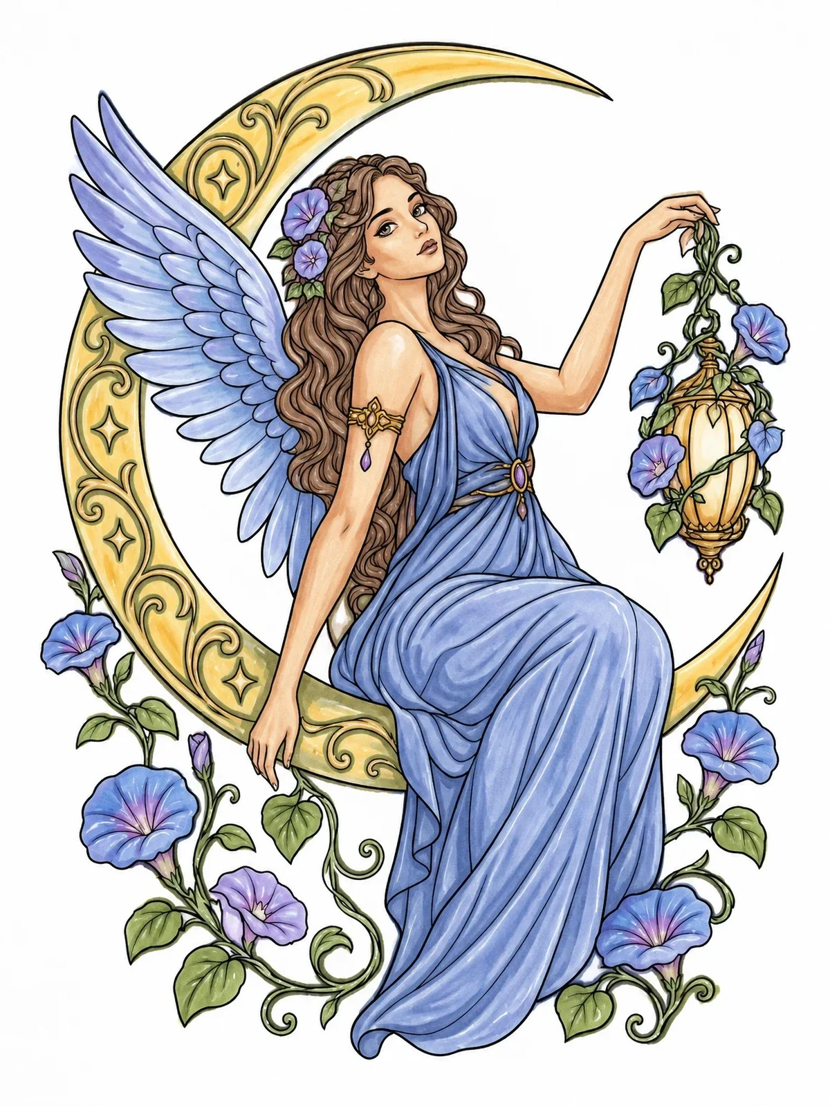 Colored example of the Art Nouveau Fairy On The Crescent Moon coloring page