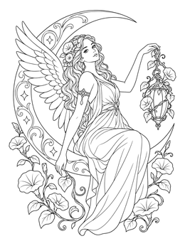 An art nouveau fairy coloring page with a winged woman on a crescent moon holding a lantern.