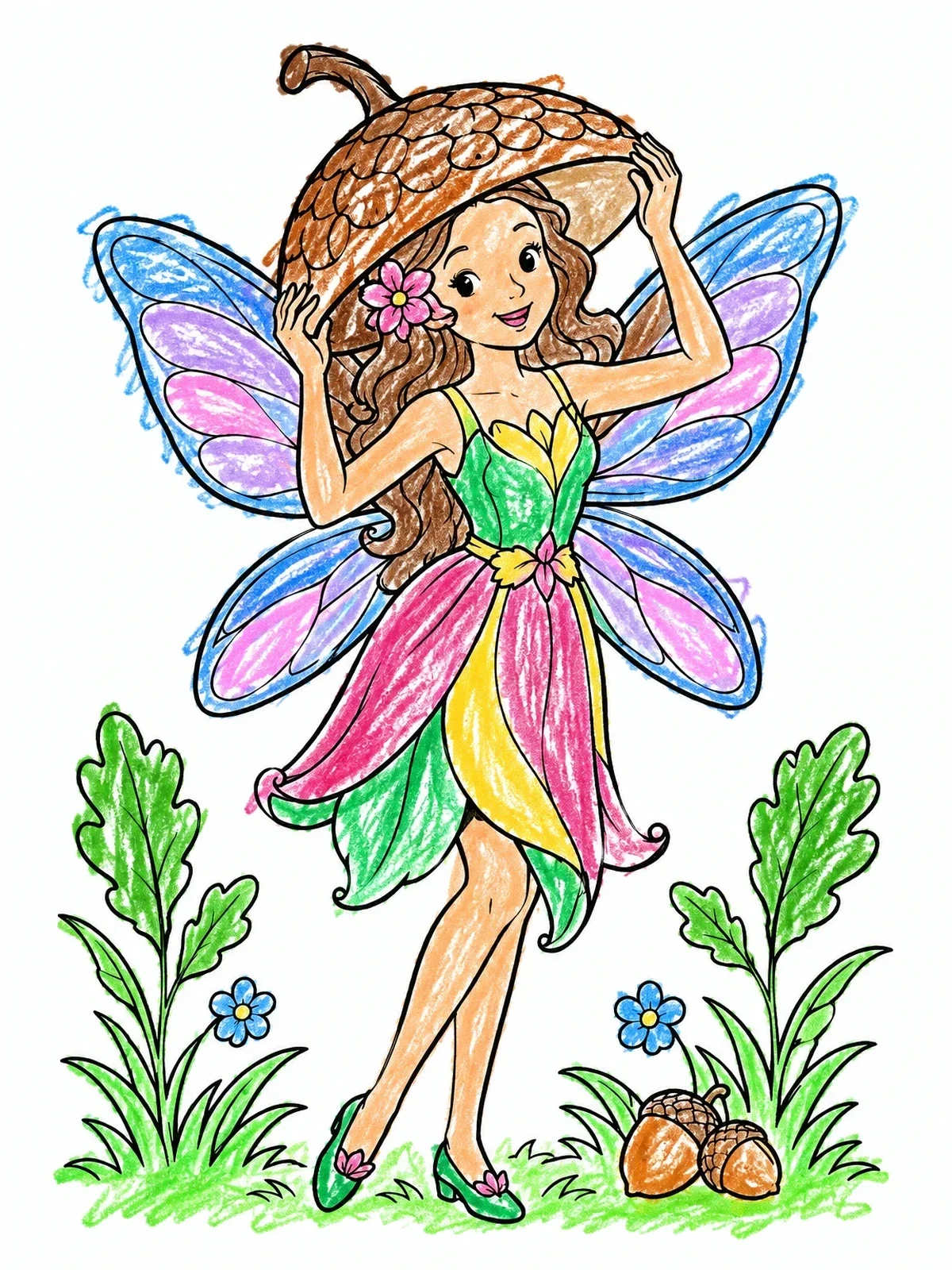 Colored example of the Cute Fairy With Acorn Hat coloring page