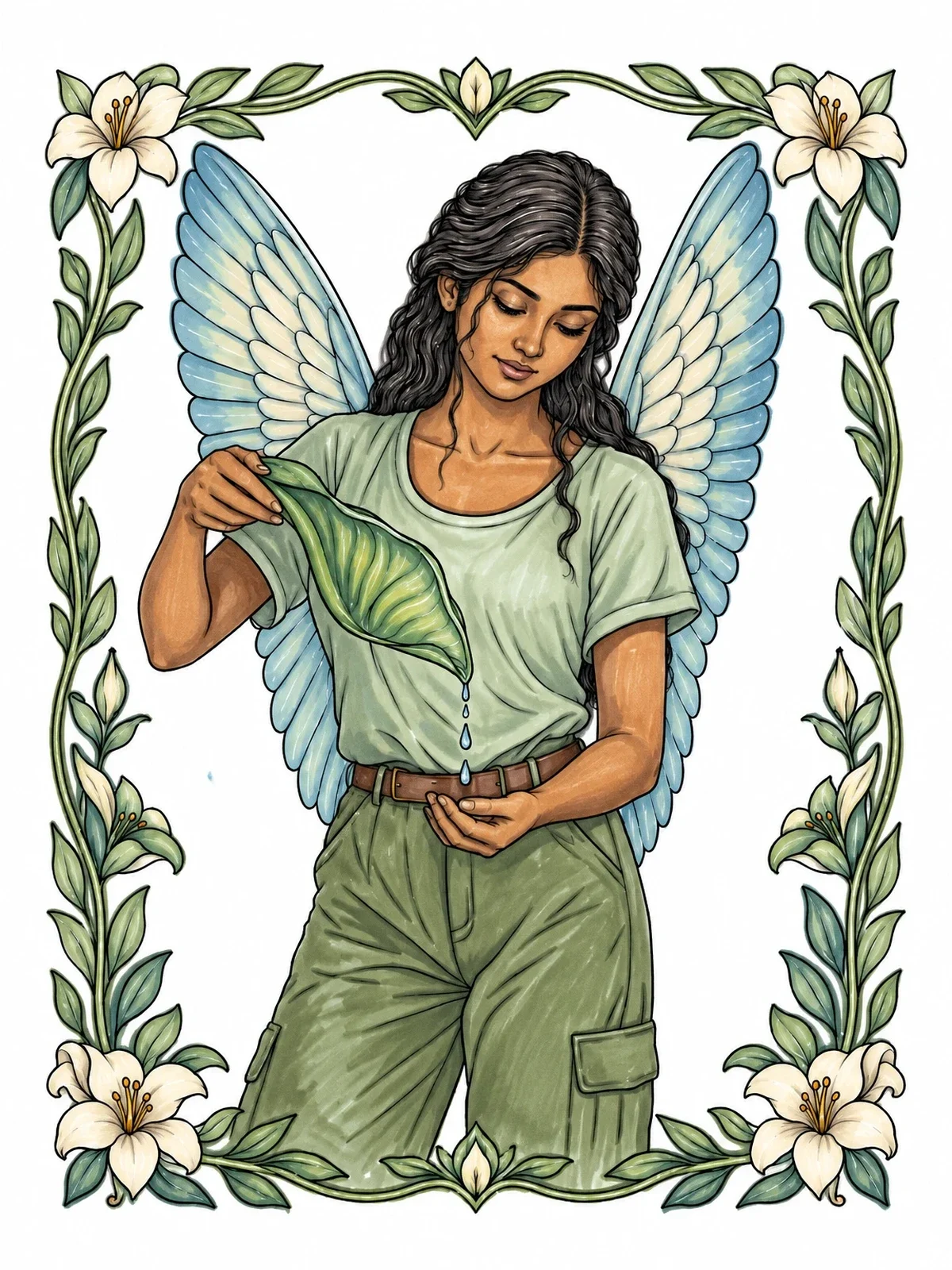 Colored example of the Winged Maiden With Dew Leaf coloring page