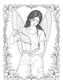 Detailed art nouveau fairy coloring page featuring a winged woman pouring dew from a leaf within a floral frame.