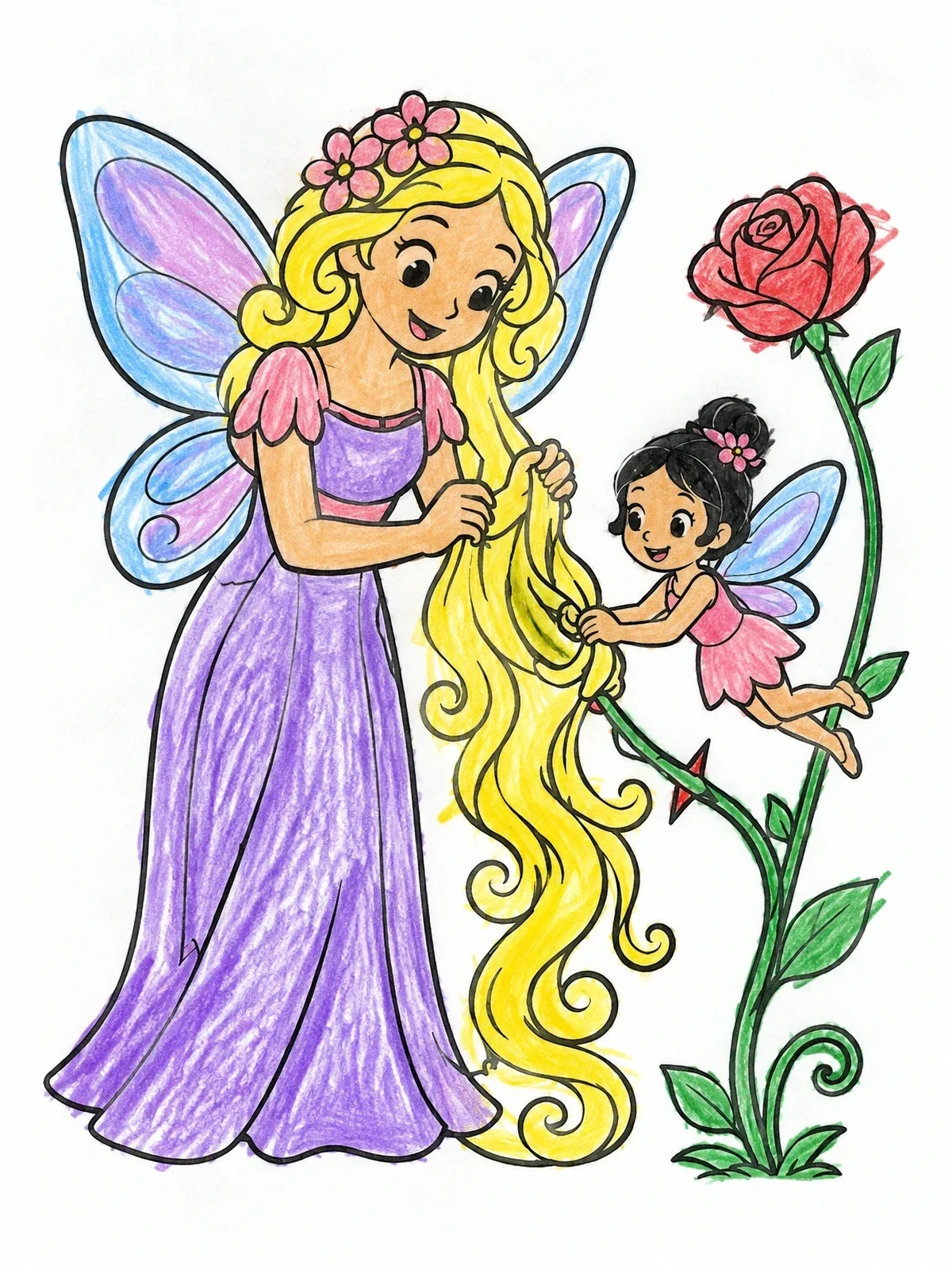 Colored example of the Fairy Friends Untangling Hair By A Rose coloring page