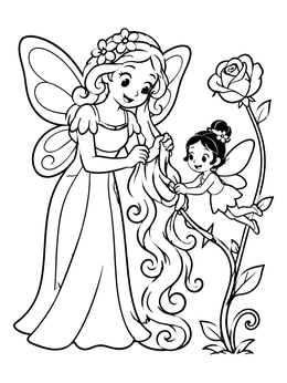 Free printable Fairy Friends Untangling Hair By A Rose coloring page