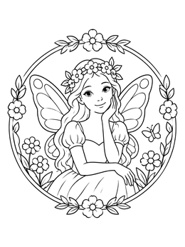 Free printable Fairy In Floral Circle Frame coloring page