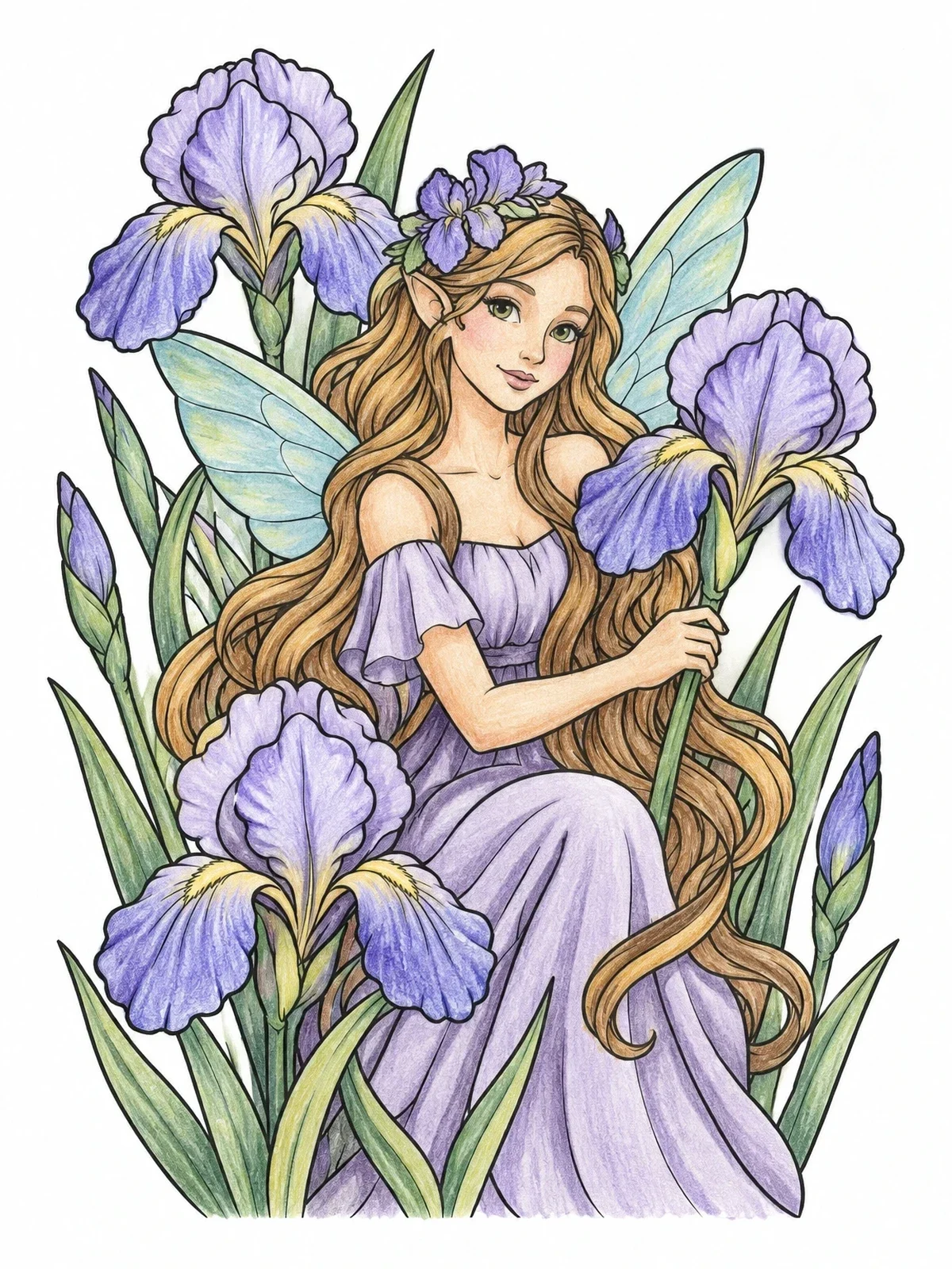 Colored example of the Fairy Maiden Sitting Among Irises coloring page