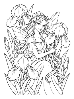 An art nouveau fairy coloring page featuring an elf maiden surrounded by blooming irises.