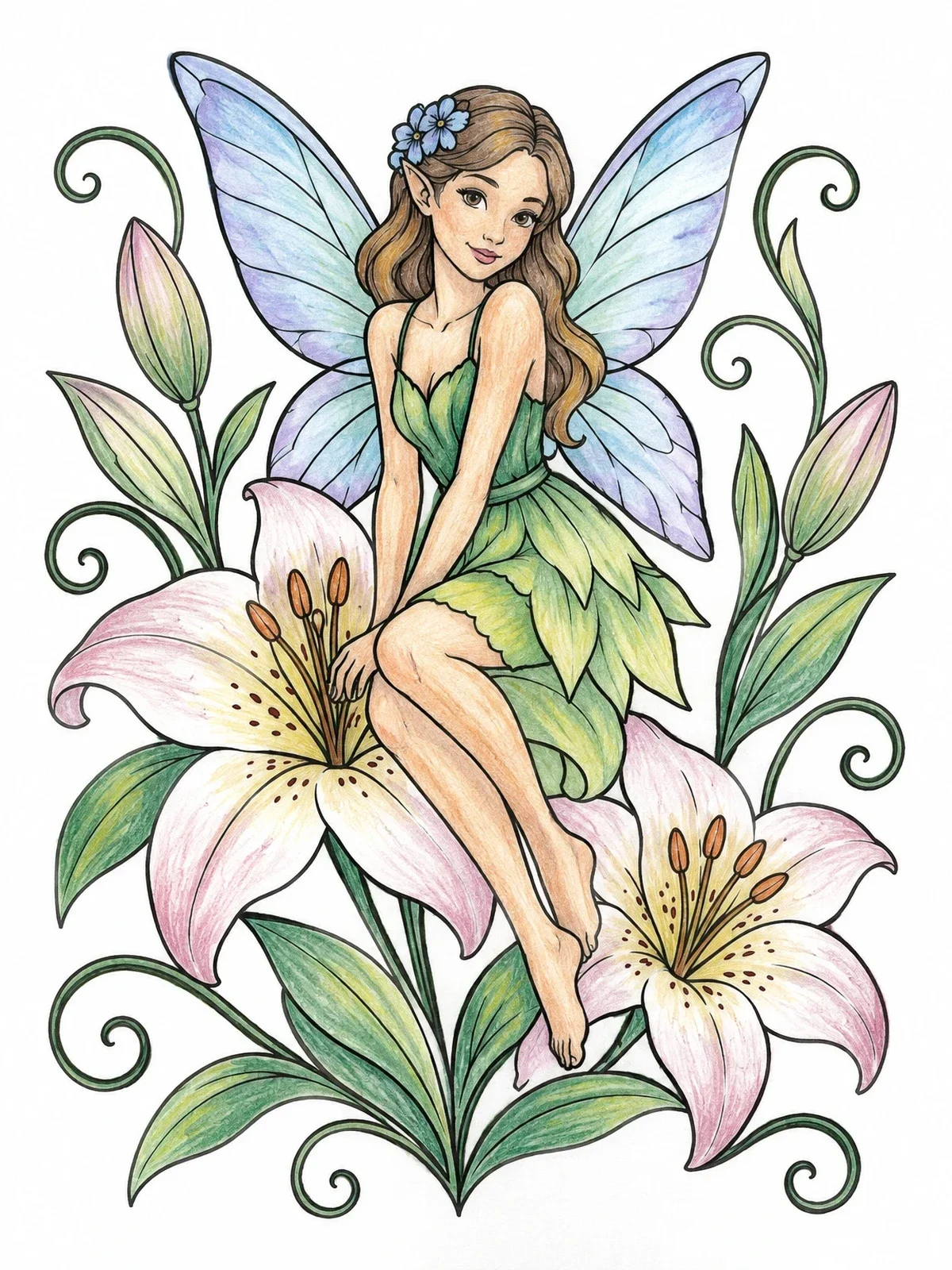 Colored example of the Fairy Perched On Blooming Lilies coloring page