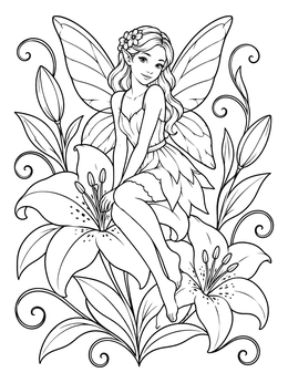 Free printable Fairy Perched On Blooming Lilies coloring page