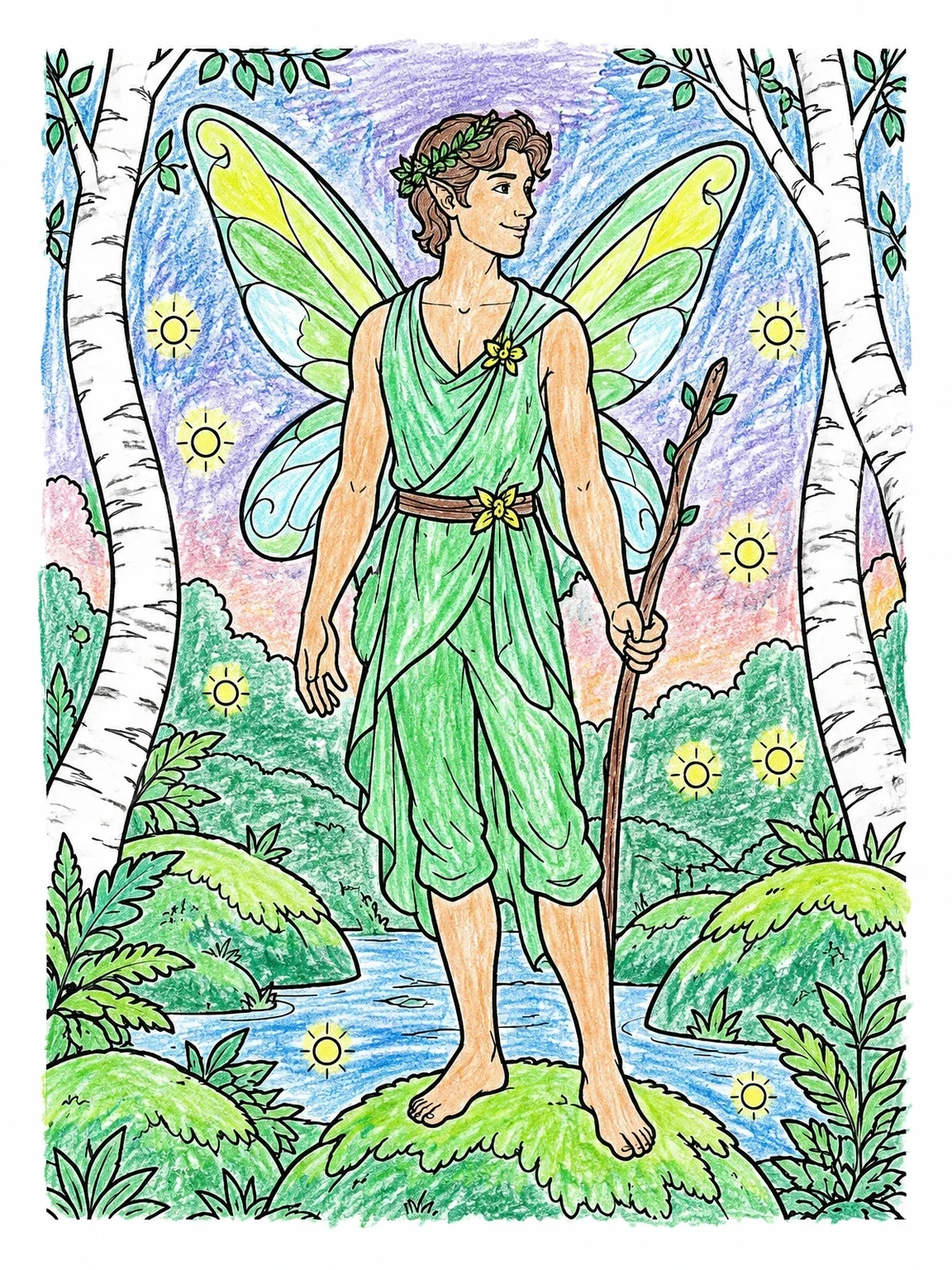 Colored example of the Fairy Prince In Birch Grove coloring page