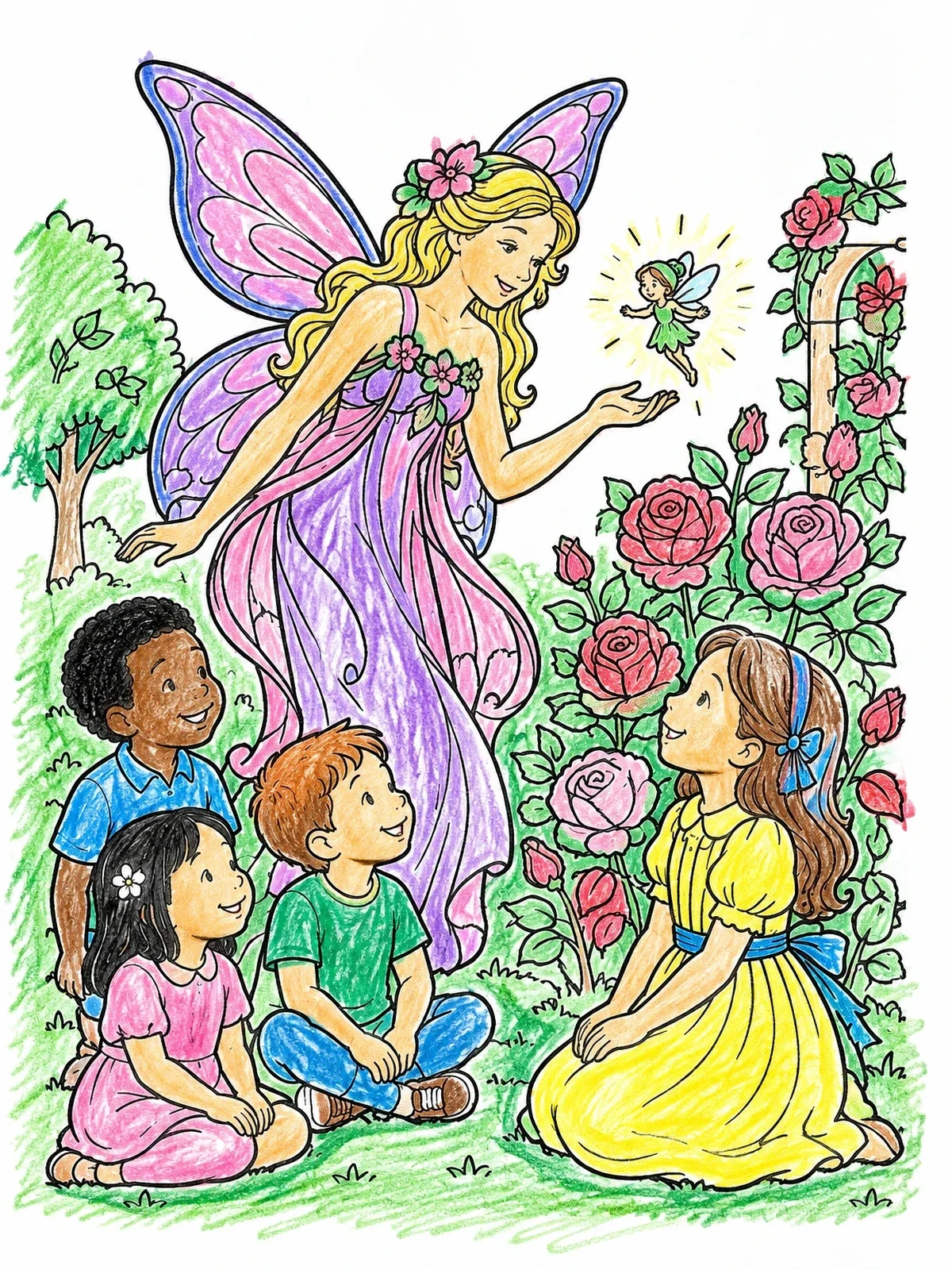 Colored example of the Fairy Queen And Children In Rose Garden coloring page