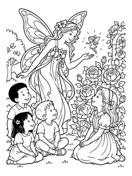 Free printable Fairy Queen And Children In Rose Garden coloring page