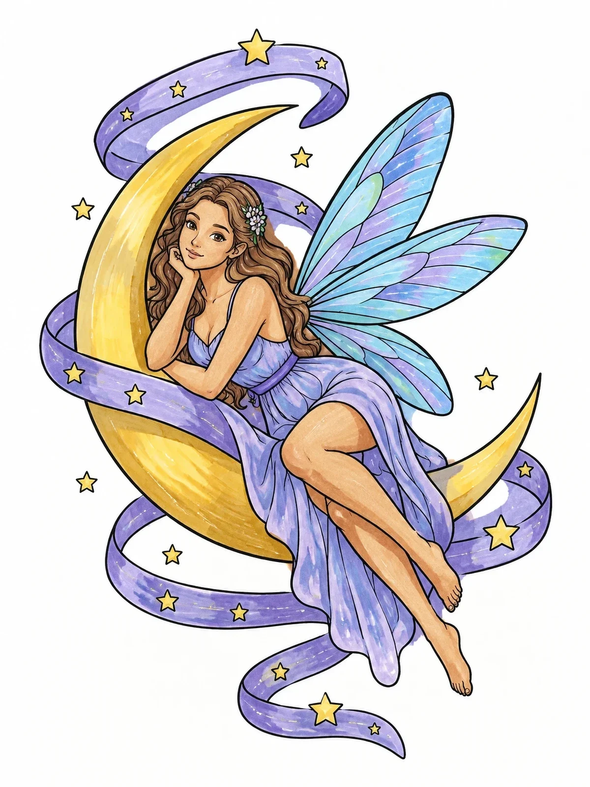Colored example of the Fairy Resting On A Crescent Moon coloring page