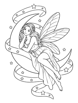 Free printable Fairy Resting On A Crescent Moon coloring page