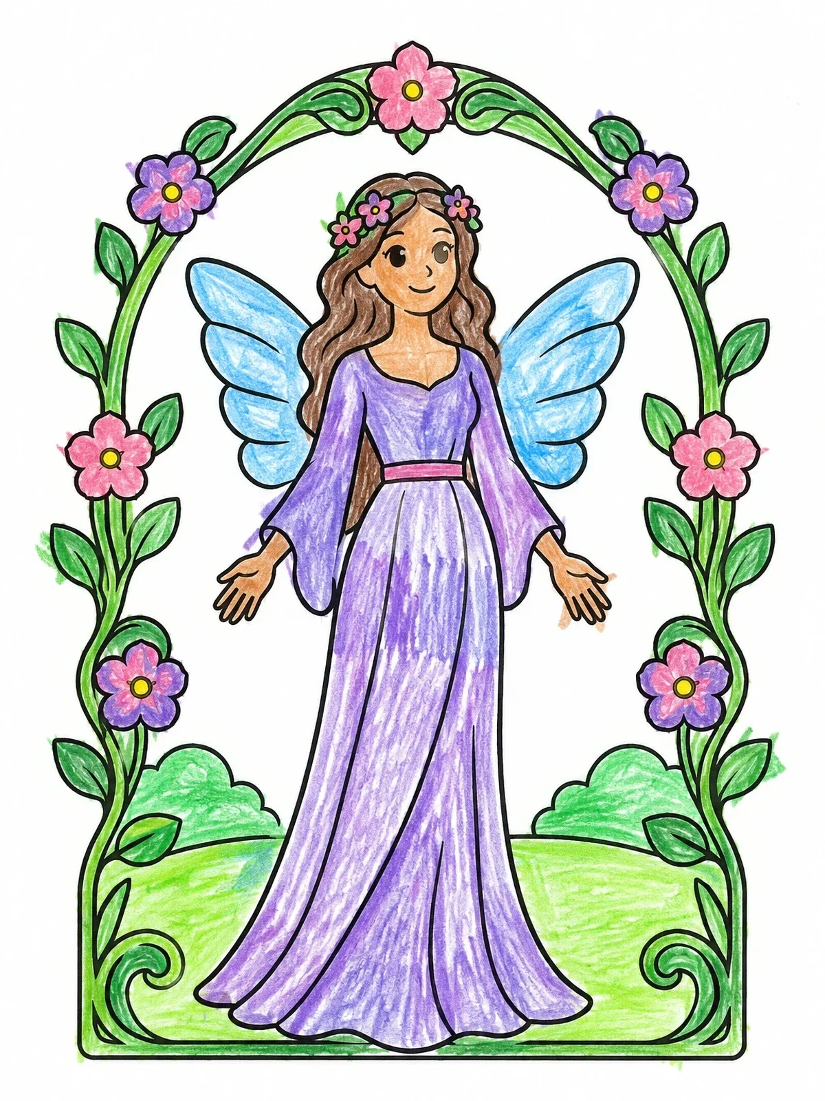 Colored example of the Gentle Fairy In Floral Arch coloring page