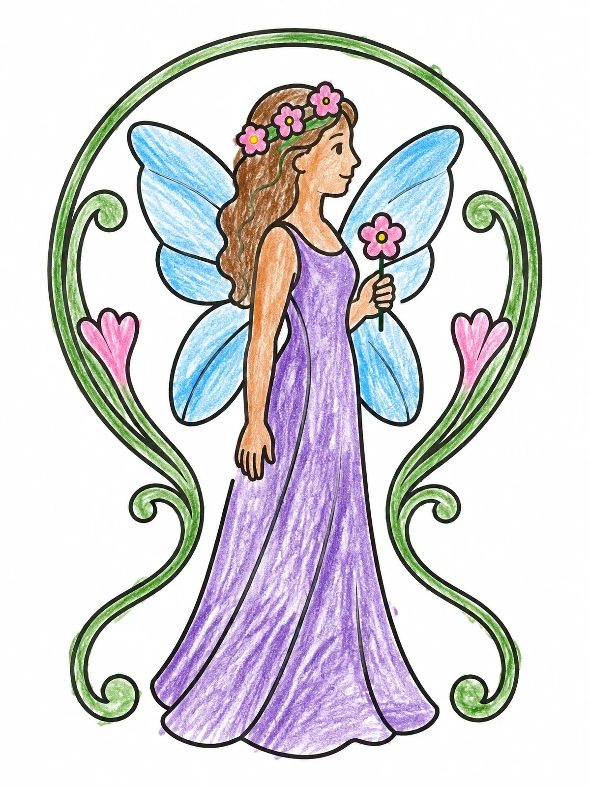 Colored example of the Art Nouveau Fairy With Flower coloring page