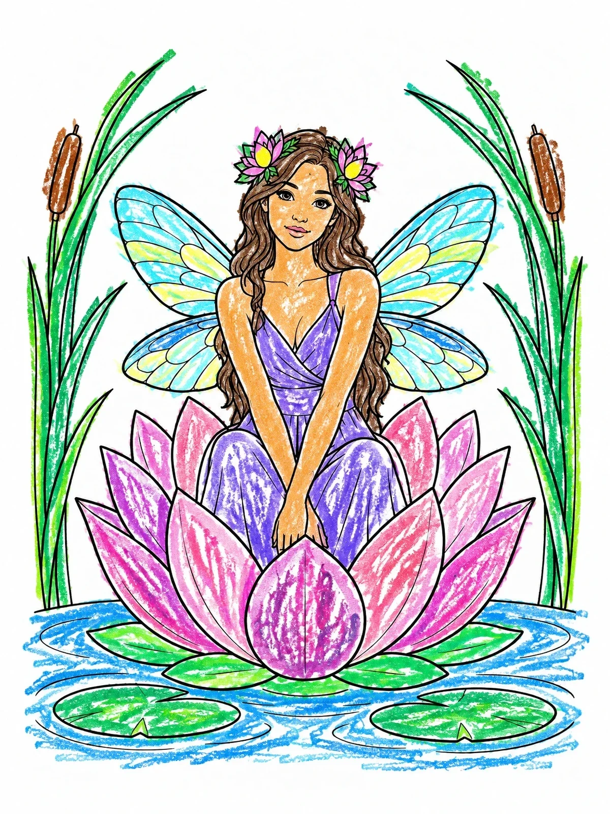 Colored example of the Fairy Resting Inside A Lotus Bloom coloring page