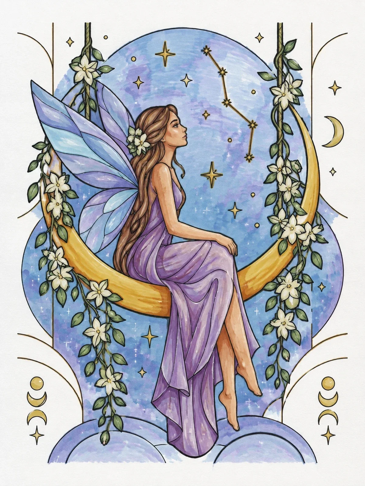 Colored example of the Art Nouveau Fairy On Moon Swing coloring page