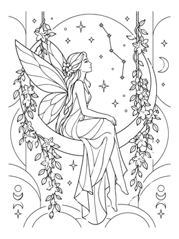An art nouveau fairy coloring page featuring an elegant winged maiden seated on a crescent moon swing.