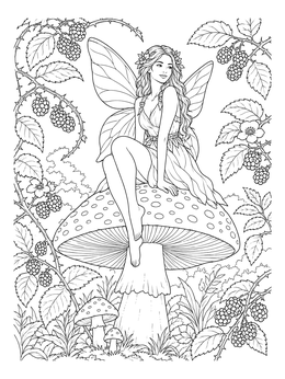 A graceful art nouveau fairy coloring page featuring a winged nymph perched atop a speckled mushroom among blackberries.