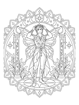An art nouveau fairy coloring page featuring an elf prince adjusting a starry crown under a celestial arch.