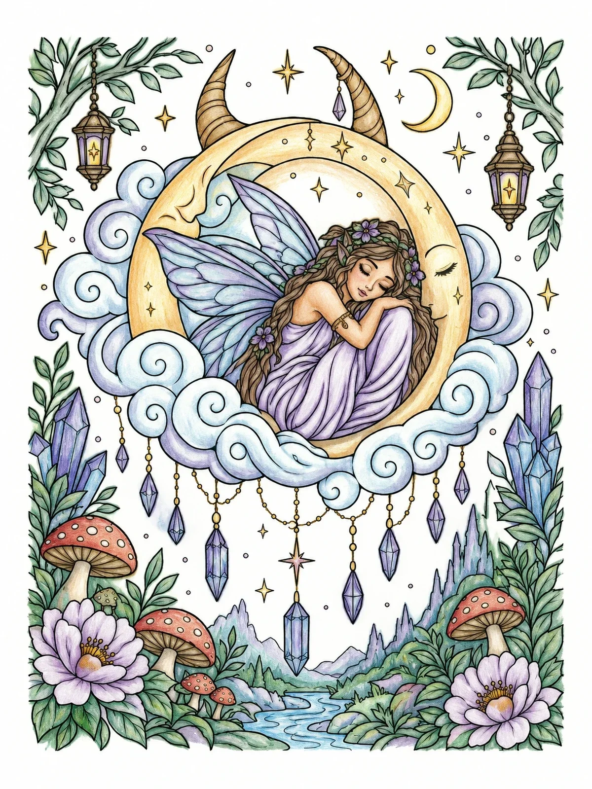 Colored example of the Sleeping Fairy In Crescent Moon coloring page
