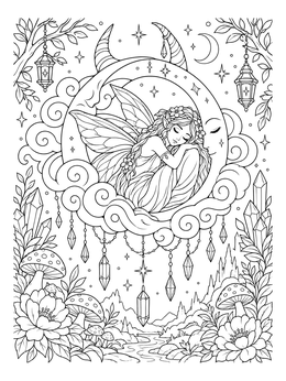A peaceful art nouveau fairy coloring page with a sleeping nymph cradled by a crescent moon.