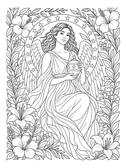 A serene winged woman holding an orb in this art nouveau fairy coloring page surrounded by lilies and stars.