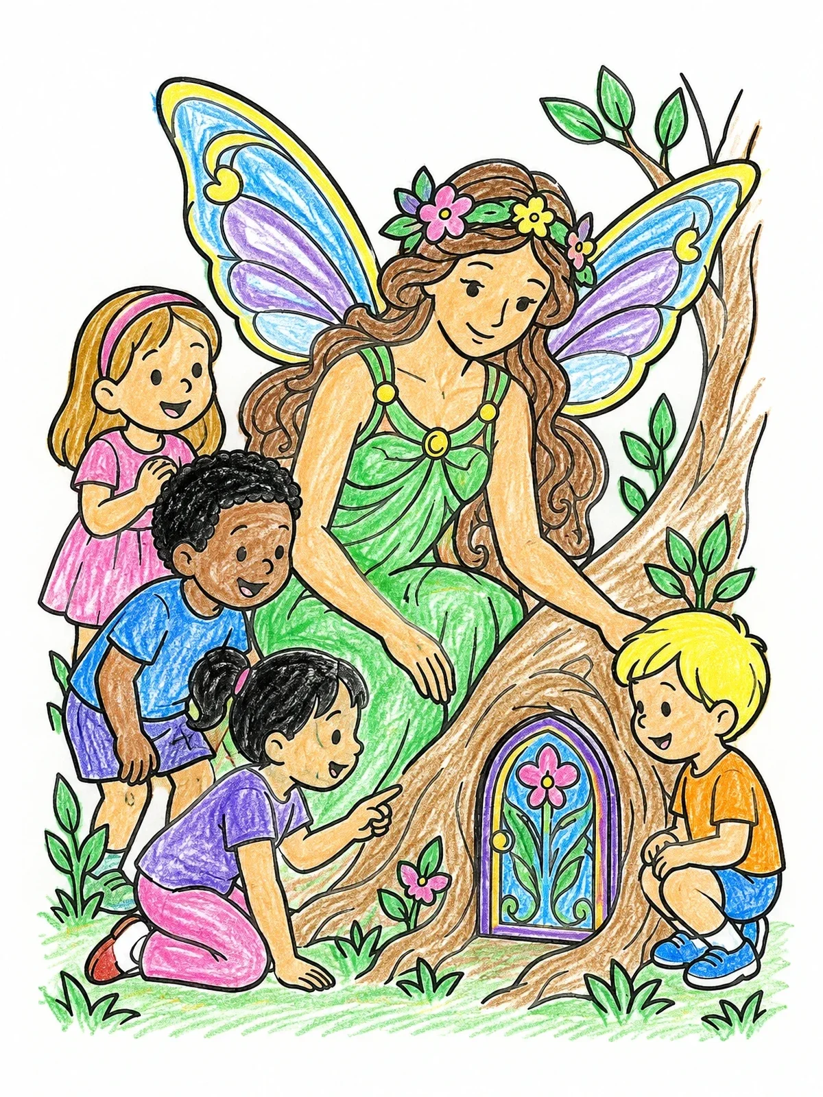 Colored example of the Fairy And Children By The Tree Door coloring page