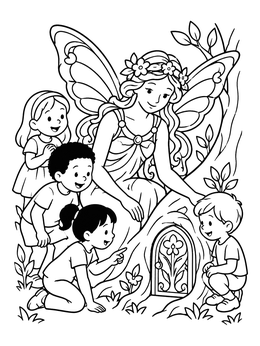 Free printable Fairy And Children By The Tree Door coloring page