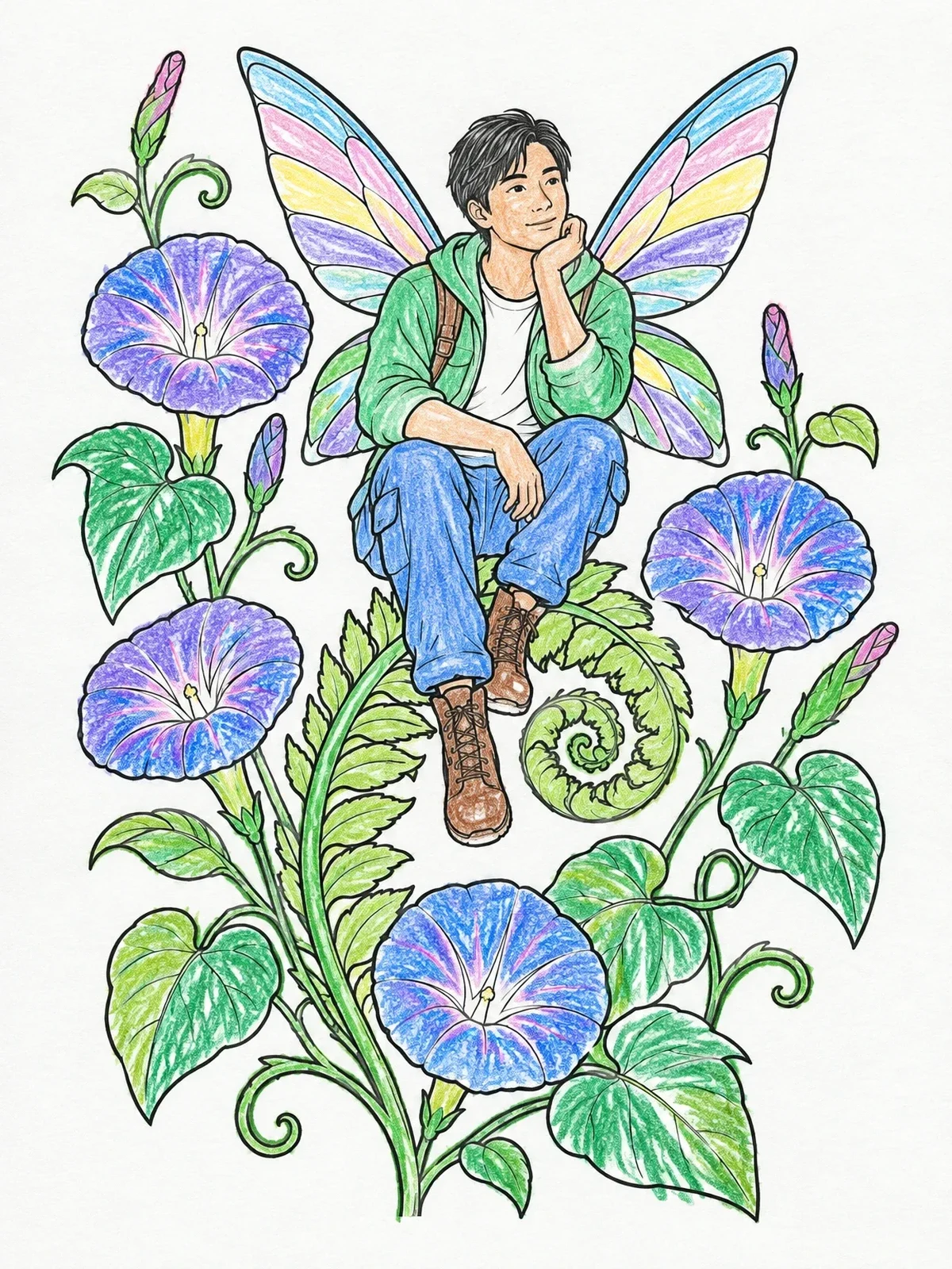 Colored example of the Winged Sprite Resting On Fern coloring page