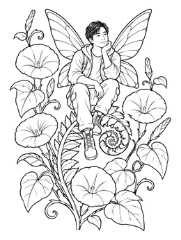 Free printable Winged Sprite Resting On Fern coloring page