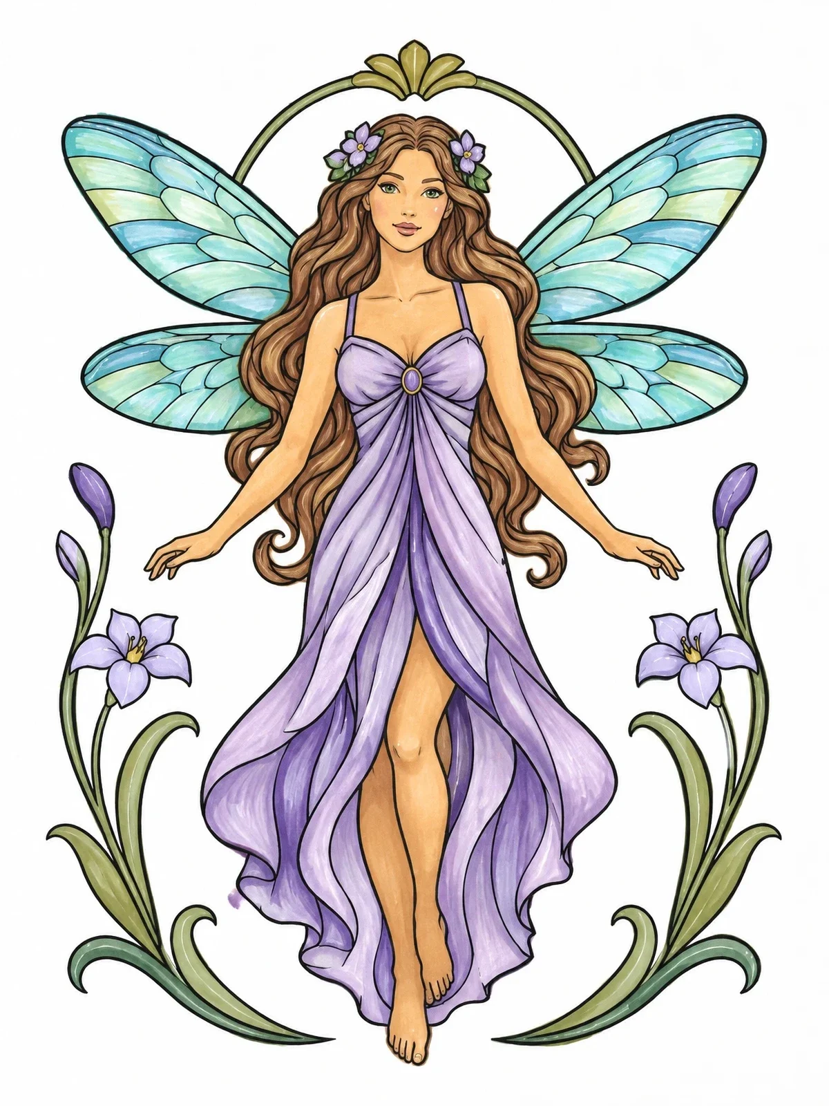Colored example of the Graceful Art Nouveau Fairy coloring page