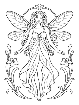 An Art Nouveau fairy coloring page with ornate wings and lilies.