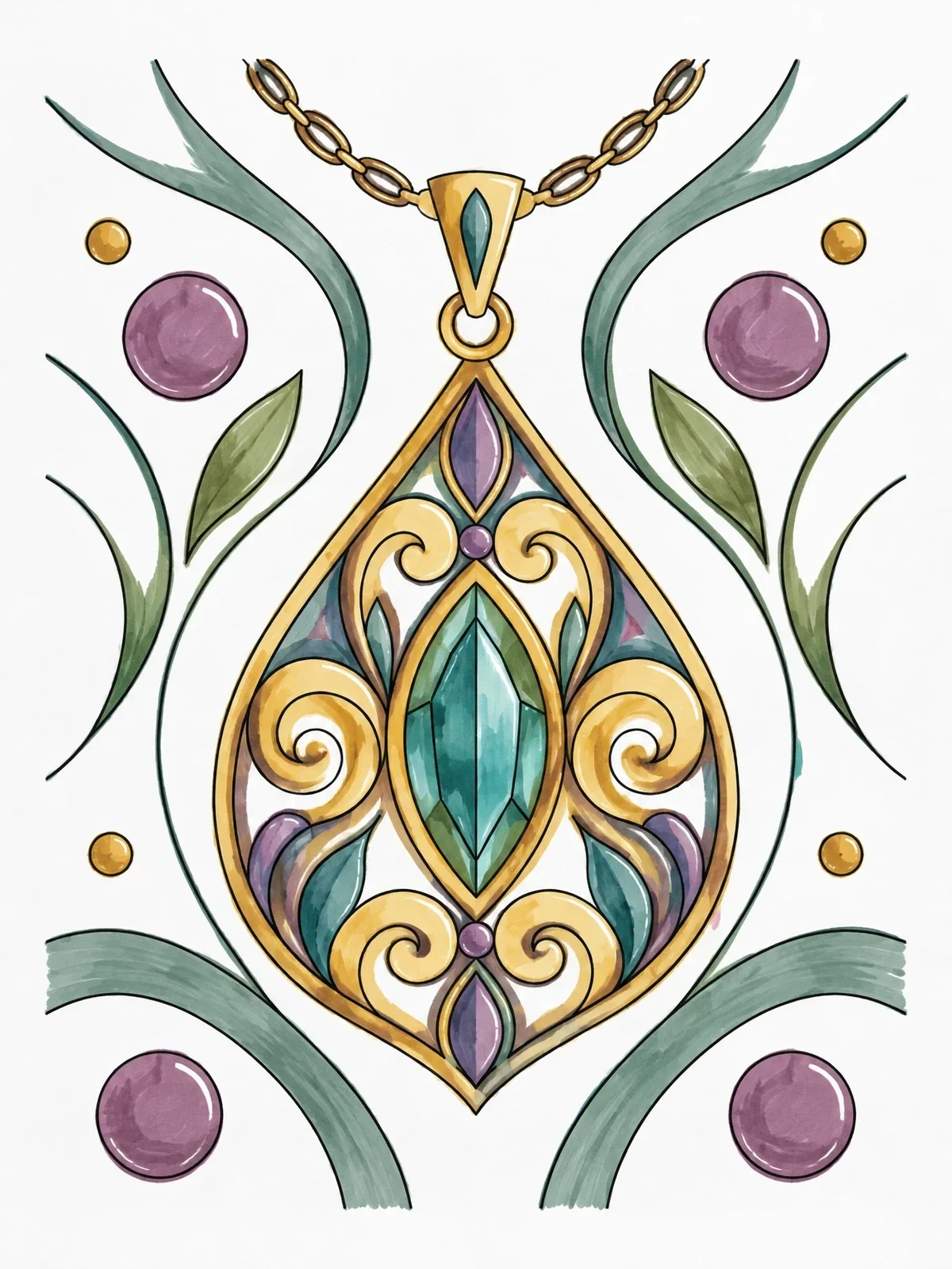 Colored example of the Art Nouveau Filigree Pendant Necklace coloring page