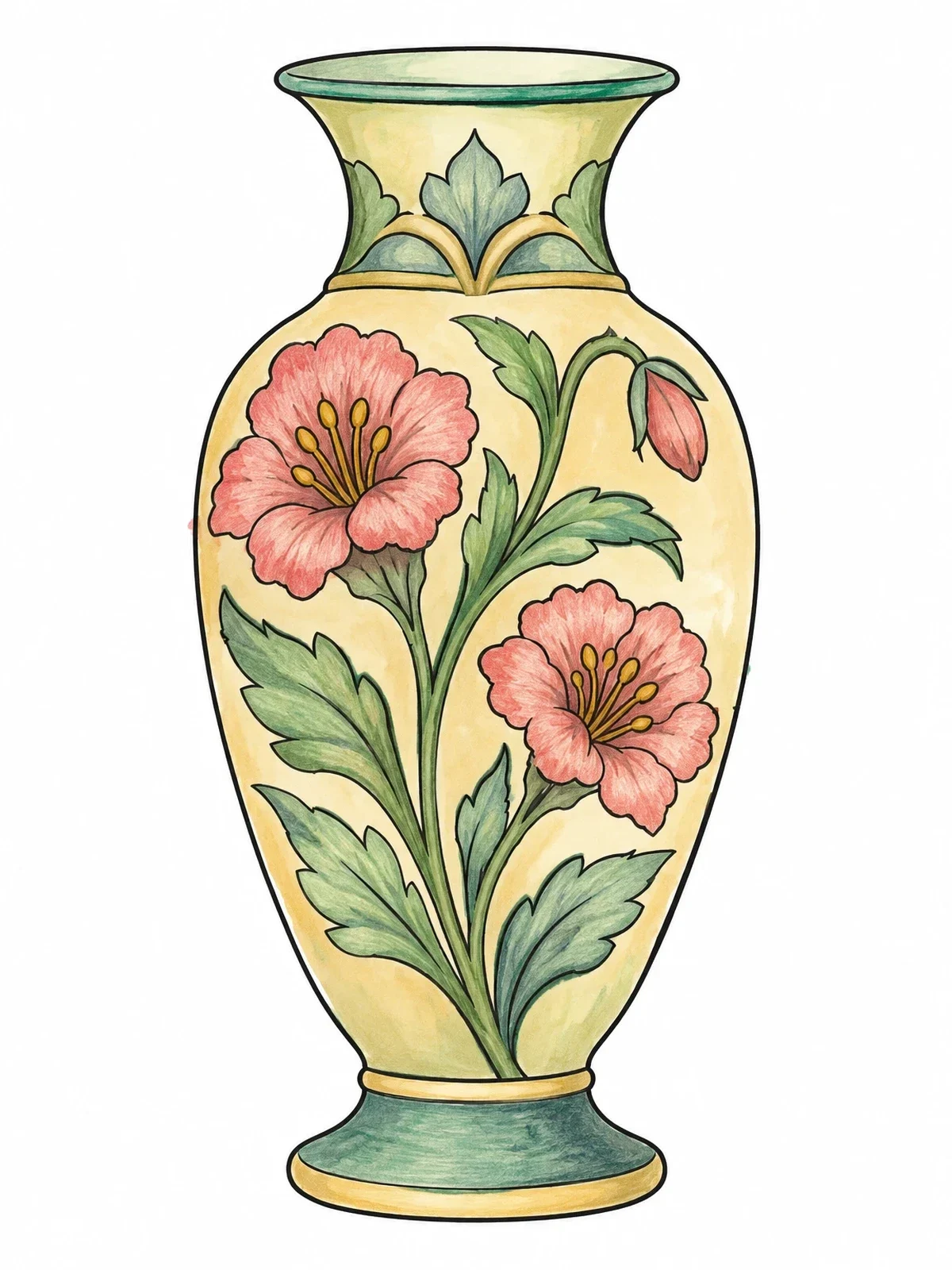 Colored example of the Art Nouveau Floral Cameo Vase coloring page
