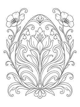 An intricate art nouveau easter egg coloring page surrounded by blooming flowers and delicate curves.