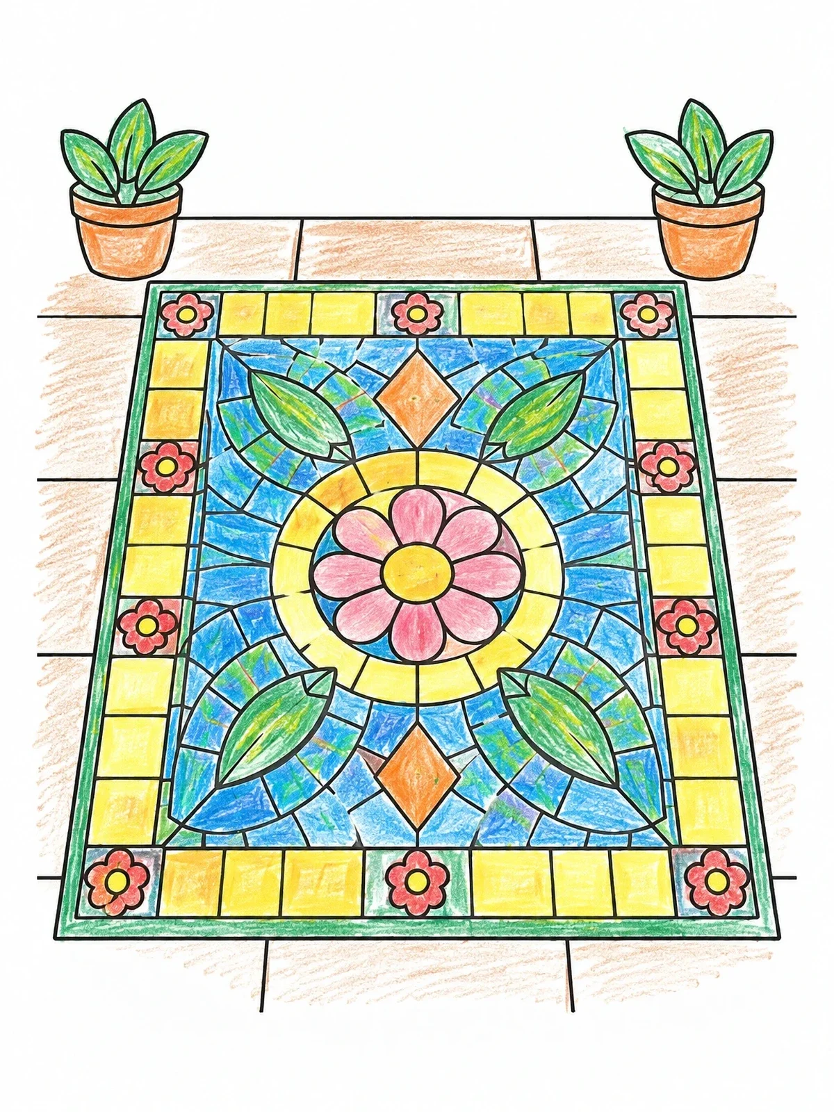 Colored example of the Floral Mosaic Tile Floor Design coloring page