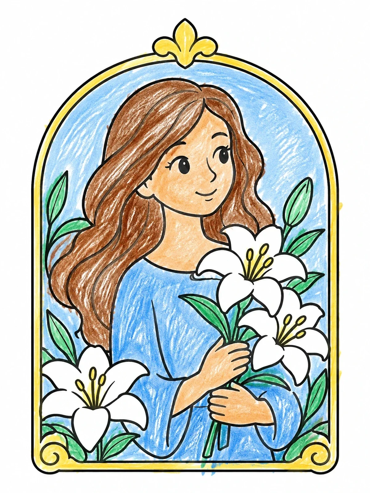 Colored example of the Art Nouveau Girl With Lilies coloring page