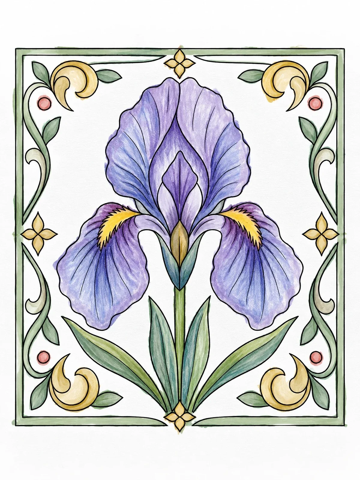 Colored example of the Art Nouveau Iris Flower Tile coloring page